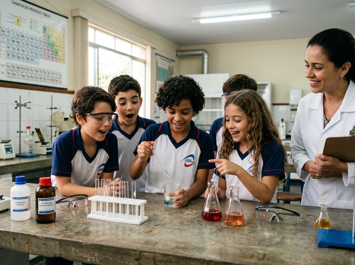 Alunos observando experimento de ciências em aula no Colégio Sabiracema