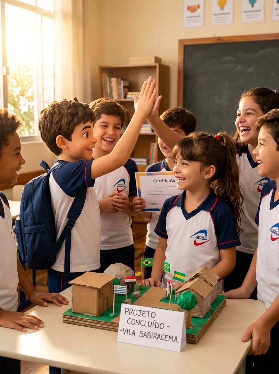 Alunos celebrando a conclusão de um projeto no Colégio Sabiracema