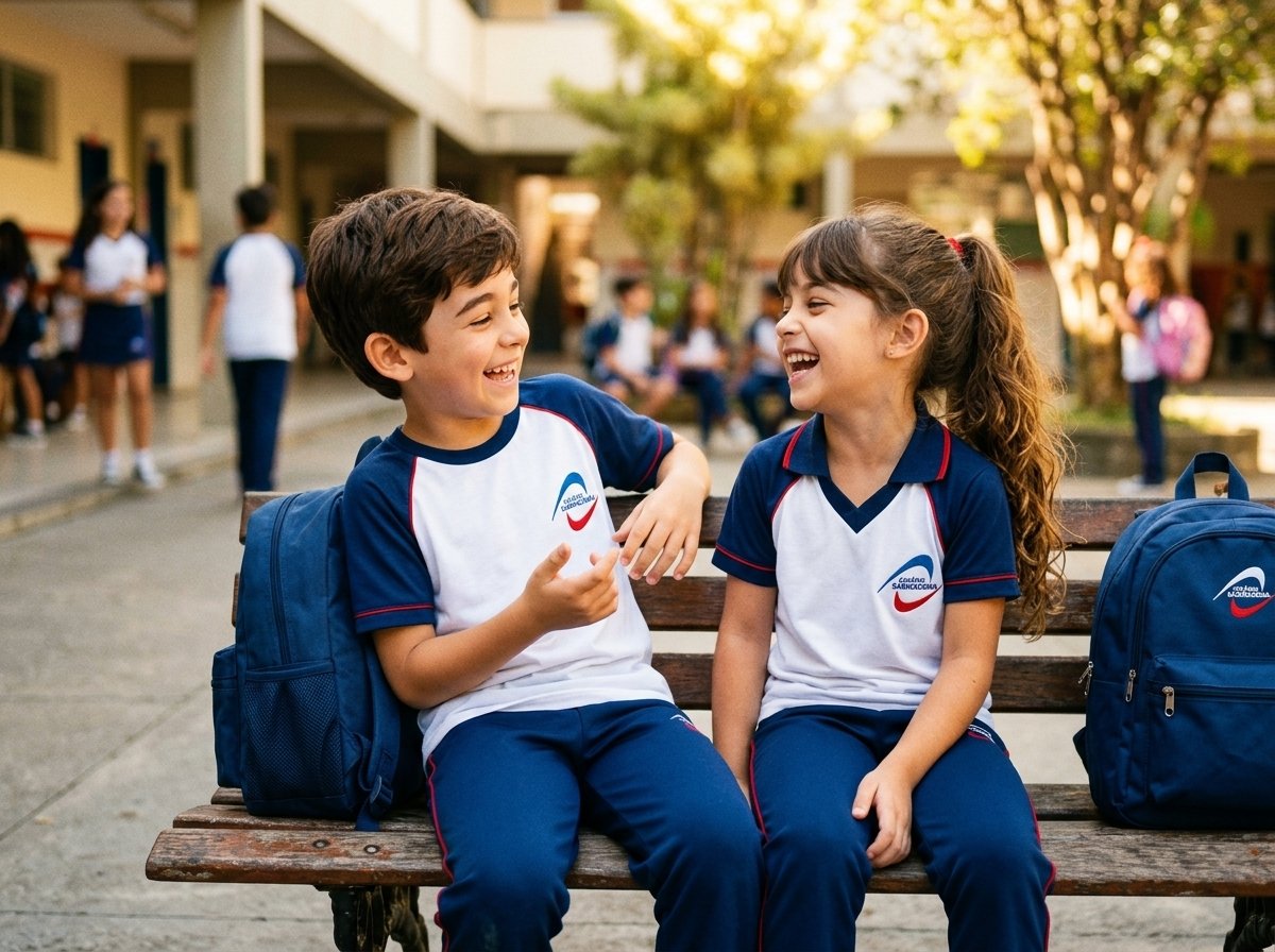 Alunos rindo e conversando em momento de convívio no Colégio Sabiracema