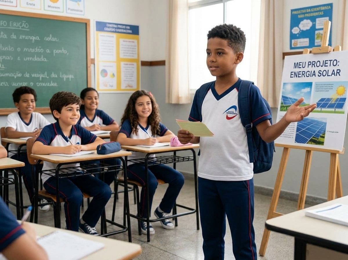 Aluno apresentando projeto à turma no Colégio Sabiracema