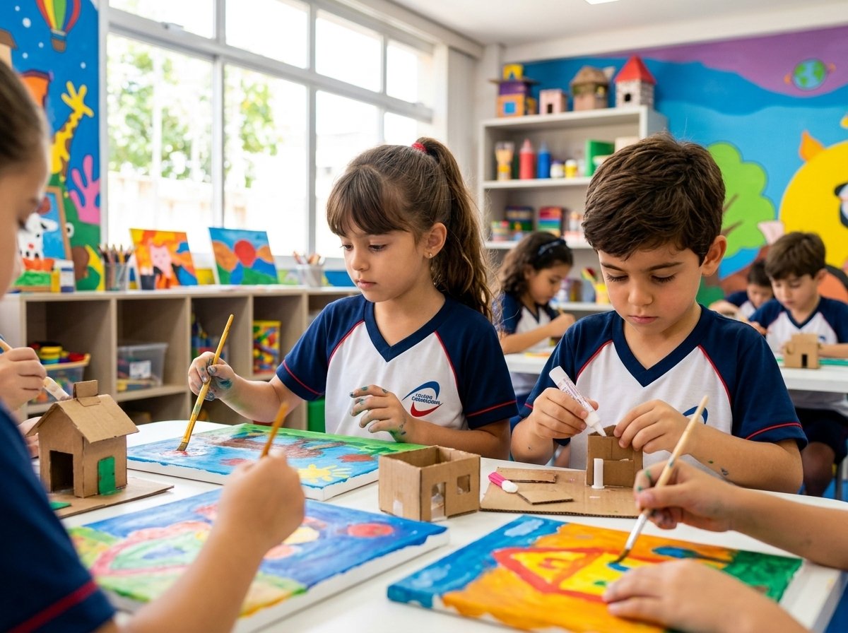Alunos pintando na sala de arte do Colégio Sabiracema